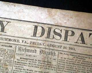   Manassas & Wilsons Creek reports Confederate 1861 Richmond Newspaper