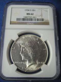 1934 S Peace Silver Dollar Coin MS 62 NGC Graded    KEY DATE  