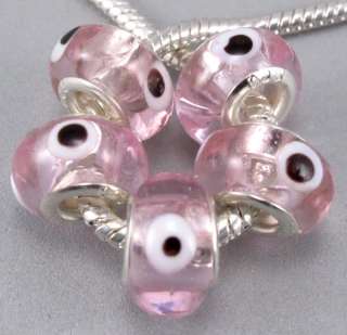 10p Pink White Evil Eye Murano Lampwork Glass Beads Fit Charm Bracelet 