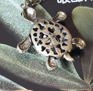   Cute Turtle Rhinestone Backside Hollow out Long Chain Pendent Necklace