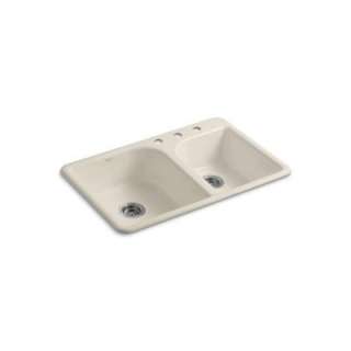   Rimming CastIron 33x22x7 5/8 3 Hole Double Bowl Kitchen Sink in Almond