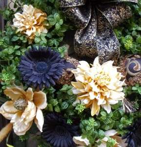 Summer Wreath Elegant Black & Gold Damask Floral Fall Door Designer 
