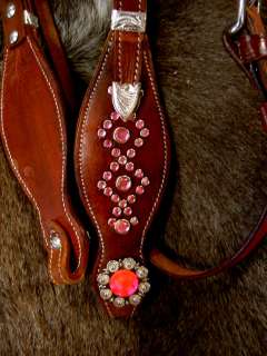 HORSE BRIDLE WESTERN LEATHER HEADSTALL PINK TACK CONCHOS BLING BARREL 