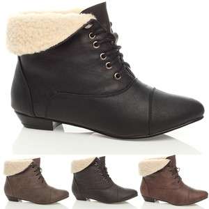 WOMENS LACE UP FUR CUFF PIXIE ANKLE BOOTS SIZE 3   8  