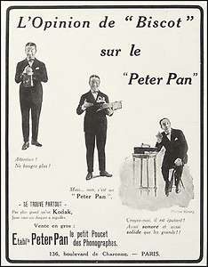 PUBLICITE PHONOGRAPHE PETER PAN DISQUE MUSIQUE BISCOT RARE AD 1925 