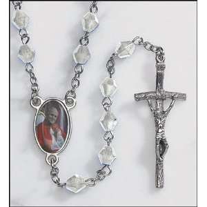 Pope John Paul II Crystal Rosary with Holy Card, Gold Satin Bag and 