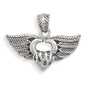 ANGEL WINGS & FLAMING HEART PENDANT CRAFTED IN .925 STERLING SILVER