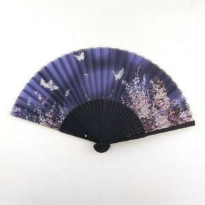 Japanese Silk Handheld Fan, Blue Small Flowers with Butterflies HF85 