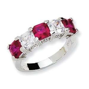    Sterling Silver Asscher cut Synthetic Ruby/CZ 5 stone Ring Jewelry
