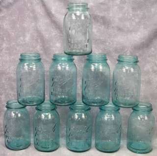 10 Blue Vintage Ball Perfect Mason & Atlas Pint Canning Jars  