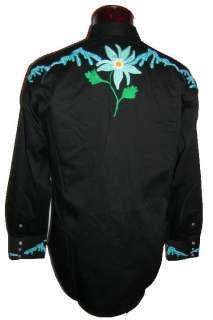 6757 B Floral Rockmount Western Cowboy Embroidered Snap Shirt Black Lg 