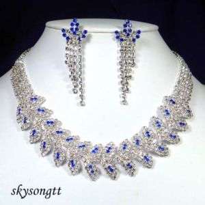 Blue Swarovski Crystal Bridal Leaf Necklace Set S1066N  