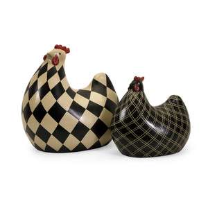 FRENCH COUNTRY S/2 Chicken Set Ceramic FIGURINE Black & White Plaid 