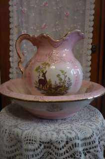Shabby Cottage Vintage Chic Pink Pitcher Bowl Rose Deer  