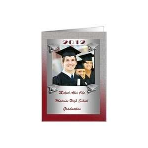   Caps & Diplomas Photo Card, Graduation Commencement Ceremony, Red Card