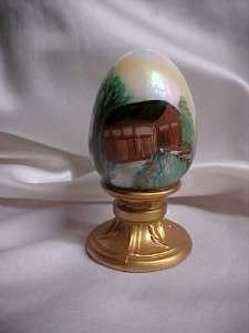 Fenton Art Glass Hand Painted Iridized Covered Bridge Egg  