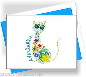Personalized Note Cards Thank You Notes KITTEN CAT DOODLES IN BLUES 