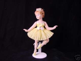 BEAUTIFUL PORCELAIN BALLERINA DOLL WITH STAND YELLOW DRESS, MOVABLE 