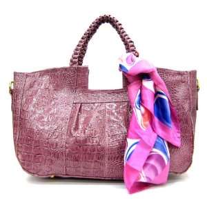  Dark Pink Croc Skin Faux Leather Satchel Handbag w/ Pretty 