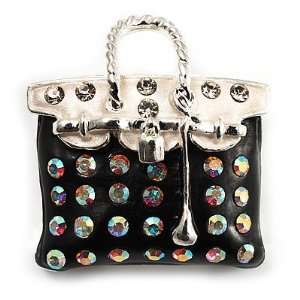  Black Crystal Designer Bag Brooch (Silver Tone) Jewelry