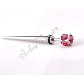 1x Earring Stainless Steel Pink CZ Crystal Fake Plug  