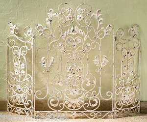 Shabby White Chic Floral Iron & Tole 3 Panel Fireplace Screen  