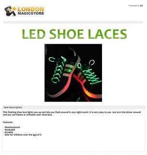 London Magic Store   GREEN LED Shoe Boot Laces  Magically Lighting the 