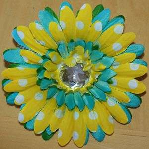 NEW Turquoise, Yellow Polka Dot Green Gerber Flower Hairclip  