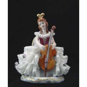    Lady Playing Cello German Dresden Lace Figurine