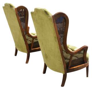 Pair Vintage Lewittes Cane & Velvet Wingback Chairs  