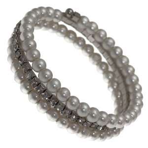  Brioni Silver Crystal White Pearl Spiral Spring Bracelet 