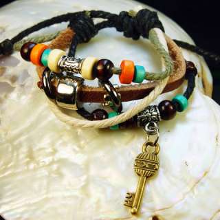 Cool Tibet Silver Wood Beads Key Hemp Leather Bracelet  