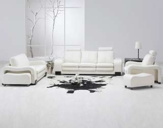 Contemporary White Leather Living Room Couch, Chair, Ottoman Loveseat 