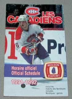 1991 92 Montreal Canadiens NHL Molson Hockey Schedule  