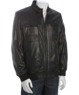 Elie Tahari black leather standing collar bomber jacket