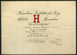 New York 1917 Hamilton Institute for Boys Certificate  