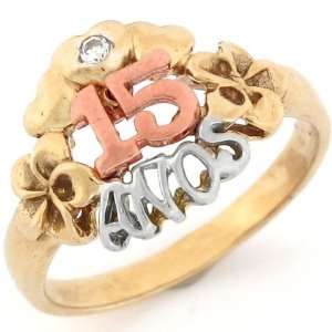 10k Tri color Gold 15 Anos Quinceanera Birthday CZ Ring Jewelry
