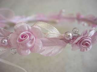 Pink Flower girl wreath halo headpiece long ribbon  