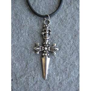 Skull Cross Spear Tibetan Silver Charm on Black Cord Necklace Jewelry 