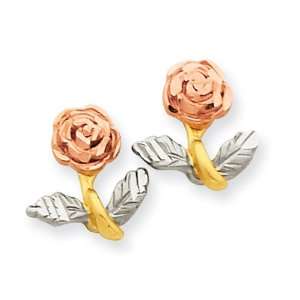    14k Gold Tri color Satin & Diamond Cut Rose Post Earrings Jewelry